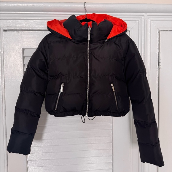 Maniere De Voir Reversible Bomber Jacket With Removable Hoodie Black Orange - Picture 3 of 13